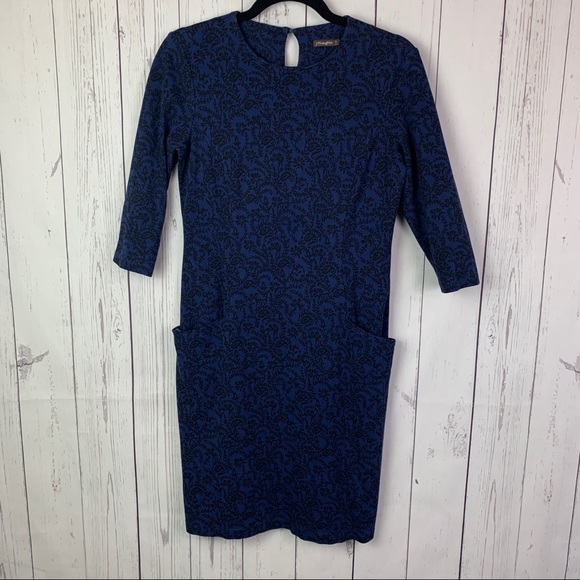 J. McLaughlin blue black floral dress w/ pockets - Picture 1 of 9